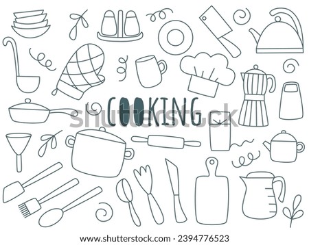 Cooking and kitchen doodle sketch style set. Hand drawn kitchen utensils for cooking. Simple ink line tableware clip art. Crockery and kitchenware, vector illustration
