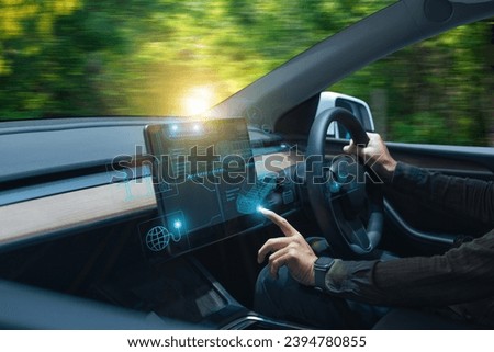 Electric car energy-saving security power charging system, multi-gesture interactive touch finger of driver concept, and smart car dashboard HUD screen display system selection Royalty-Free Stock Photo #2394780855
