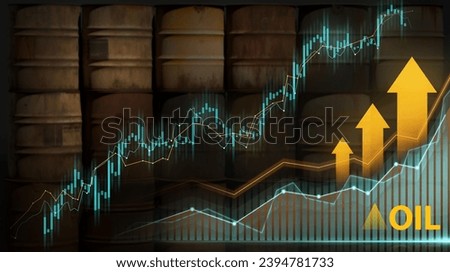 Rusty oil barrels with stock market chart overlay indicating rising oil prices Royalty-Free Stock Photo #2394781733
