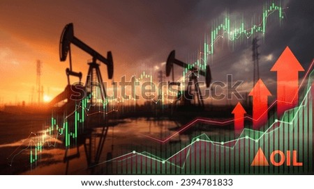Oil pump jacks and refinery silhouettes with overlay of bullish stock market charts