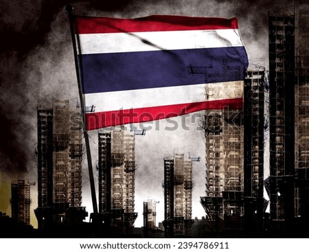 Double exposure creative hologram of unfinished super high-rise building and Thai flag. Describe Thailand's real estate collapse, rising prices, financial turmoil, and inflation        Royalty-Free Stock Photo #2394786911