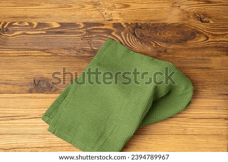 Green Kitchen Napkin Mockup, Eco Towel on Wooden Table with Copy Space for Text, Tablecloth Banner, Restaurant Dishcloth Mock Up, Table Cloth on Wood Background Flat Lay, Top View Royalty-Free Stock Photo #2394789967