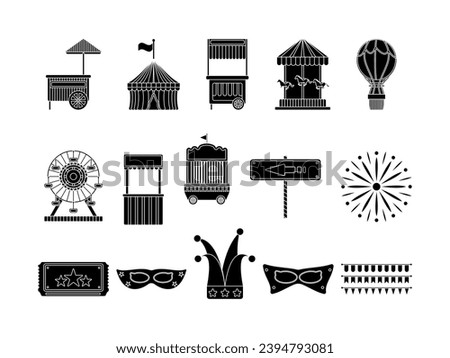 Carnival Equipment Collection Glyph Style. Entertainment Themed Design Vector Illustration on White Background.