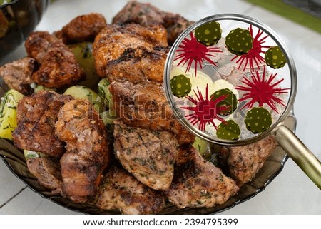 Fried potatoes, grilled meat, bbq. Magnifying lens with simulated germs, viruses, bacteria, food allergy, poisoning concept. Royalty-Free Stock Photo #2394795399