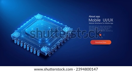 Futuristic Digital Microchip Processor with Glowing Nodes and Electronic Circuits. PC CPU digital wireframe made of connected dots. CPU isometric banner. Central Computer Processors CPU concept. Royalty-Free Stock Photo #2394800147