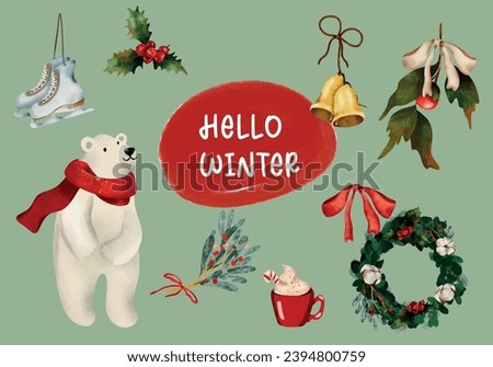 
Festive and cute winter illustrations, Christmas decoration, Watercolor. Collection of Vector clip art, bear, bells, winter flowers, coffee. Perfect for invitation, card, poster, banner, stickers