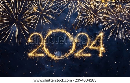 Beautiful template for New Year 2024. Sparkling burning Year 2024 on night sky background with fireworks. Beautiful Christmas mockup with copy space for design greeting card or holiday Web banner.