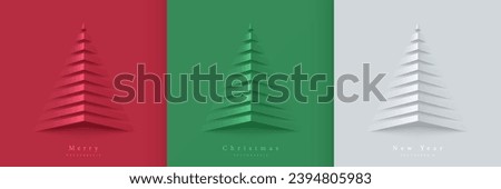 Set of merry christmas background red, green and white in paper cut design. Elements of new year day festival for card, cover. Top view scene for product display. Simple flat design in minimal design.