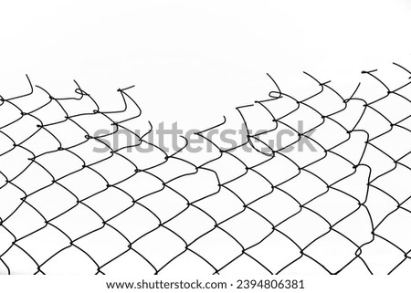 black silhouette of Steel mesh fence with torn hall in it. damage wire mesh over white background. Mesh netting with hole, gap isolated on white backdrop. illustration.