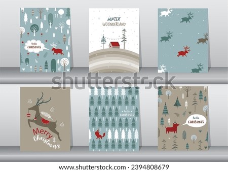 Set of cute Merry christmas  background with cute animal and christmas Tree,Lovely cartoon background with holiday symbols,Vector illustrations.