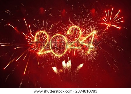 Happy New Year 2024. Beautiful New year Wallpaper, Poster. Creative holiday web banner or Greeting card with red fireworks and sparkling text 2024 on night sky background