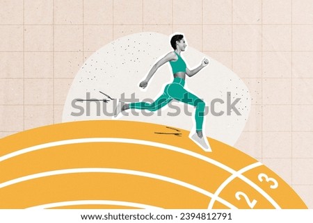 Magazine collage picture of sporty woman champion running race sprint marathon isolated on drawing background