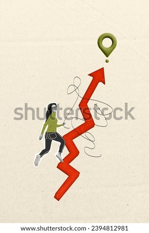 Image collage picture of cheerful happy successful girl run finish place icon destination isolated on drawing background