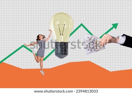 Creative collage of arm hold dollar bills excited mini girl jump light bulb growing arrow stats upwards isolated on checkered background