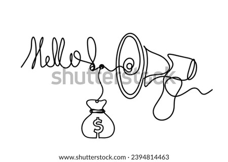 Abstract megaphone and dollar as continuous lines drawing on white background. Vector