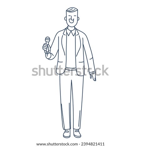 Journalist with microphone cartoon Vector illustration in blue line doodle art, flat style.