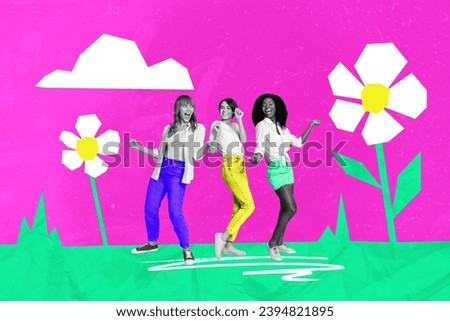 Creative magazine collage image of happy smiling girlfriends dancing having fun together isolated colorful background