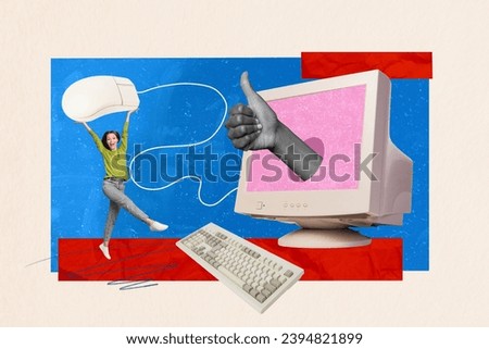Exclusive magazine picture sketch collage image of excited lady browsing obsolete computer arm showing thumb up isolated creative background
