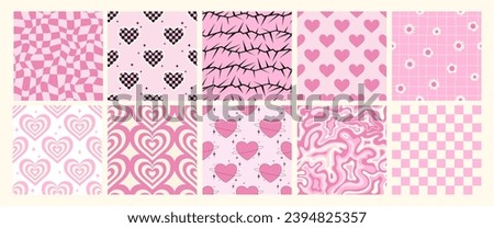 Set of y2k seamless vector patterns with hearts, thorns, flowers, checkered and psychedelic shapes. Glamour backgrounds for card, poster, banner design. Girly templates. Trendy covers in pastel colors Royalty-Free Stock Photo #2394825357