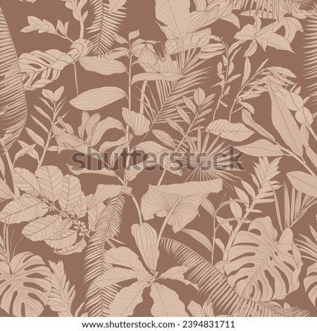 Seamless pattern background with Solomon's seal (Polygonatum multiflorum), palms, monstera leaf drawing illustration. Exotic tropical line illustration. Royalty-Free Stock Photo #2394831711