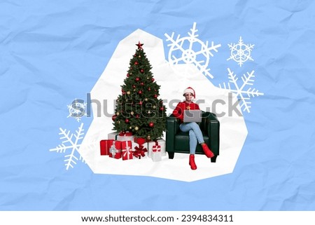 Placard picture collage of positive cute girl sitting comfy chair buy gifts online using netbook isolated on drawing background