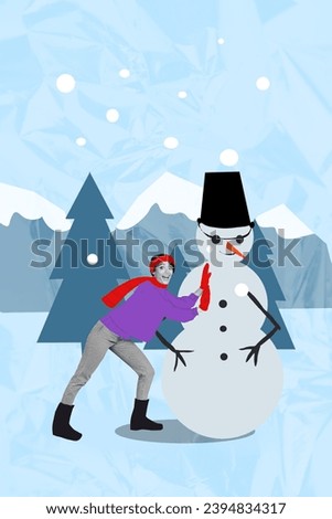 Magazine picture collage of cute cheerful girl spending free time outdoors making snowman isolated on painted background