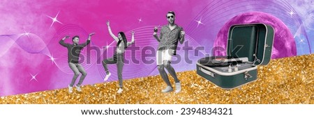 Photo cartoon comics sketch collage picture of funky cool friends dancing having fun listening vinyl music isolated creative background