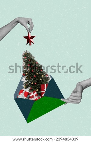 Vertical image collage of two arms decorating evergreen pine new year preparation concept isolated on drawing background