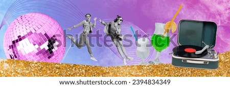 Creative collage picture of two excited carefree black white colors girls dancing jumping huge disco ball vinyl record player cocktail glass