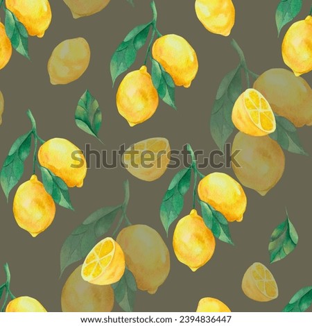 Seamless pattern with yellow lemons. Background with fruit on a dark background. Watercolor pattern with lemons and leaves
