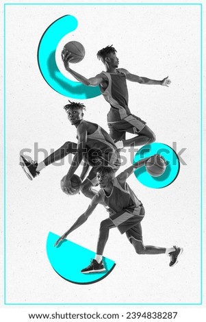 Contemporary art collage. African-American man in monochrome filter training dribbling against white background with blue geometry figures. Bright design. Concept of sport, energy, activity, hobby.