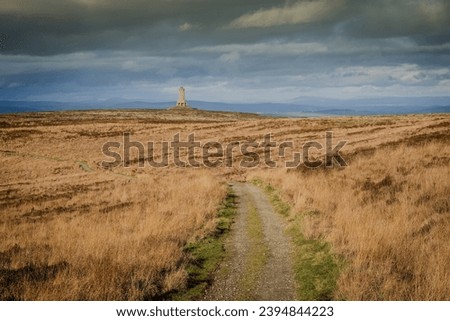 The octagonal Jubilee Tower (officially called Darwen Tower) at grid reference SD678215 on Darwen Hill overlooking the town of Darwen in Lancashire, England Royalty-Free Stock Photo #2394844223