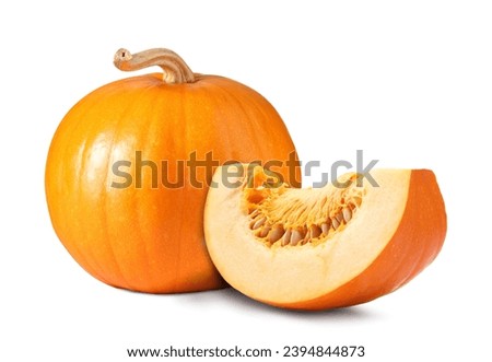 Whole and cut fresh ripe pumpkins isolated on white