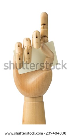 Wooden hand holding business card isolated on a white background