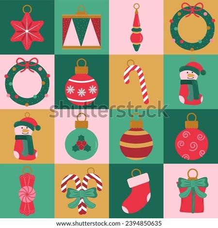Christmas tree decorative elements with geometric seamless vector pattern for wrapping paper, background, wallpaper. Holiday season, modern, contemporary abstract design.
