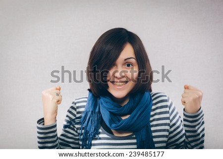 portrait of attractive smile teenage girl holding arms and hands up, concept of happy student, young pretty winning success woman
