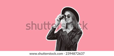Stylish beautiful young woman photographer taking picture with film camera wearing black round hat, rock leather jacket looking away on pink background, blank copy space for advertising text