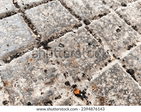 Squares in a metal grid lying on concrete, pebbles, earth. The old sidewalk or wall. Pattern of metal rods. Background, texture, frame, copy space