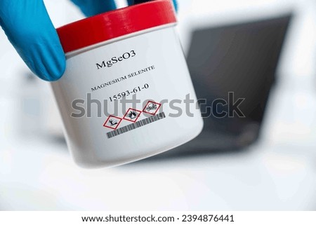 MgSeO3 magnesium selenite CAS 15593-61-0 chemical substance in white plastic laboratory packaging Royalty-Free Stock Photo #2394876441