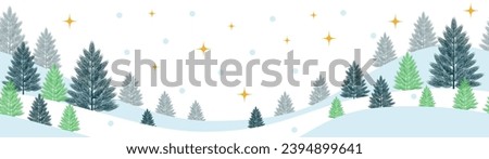 Vector winter, Christmas season landscape. Long background or banner with spruce, fir or noel tree, stars and snow
