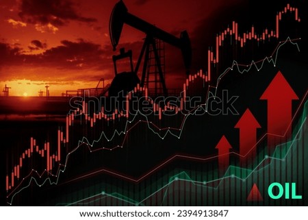 Oil pump jacks with stock market graphs and upward arrows symbolizing profit