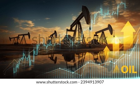 Oil pump jack silhouette with financial graphs at sunset symbolizing energy market growth