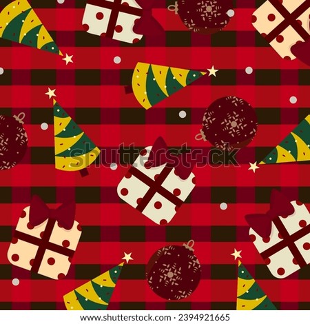 Christmas background decorated with Christmas tree, stars, candies, gifts, red-green tones, plaid pattern, gift wrapping paper.