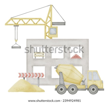 Building Construction Watercolor illustration. Hand drawn clip art of concrete mixer and lifting crane on isolated background. Baby boy t-shirt print. Drawing of hoisting machine and house frame.