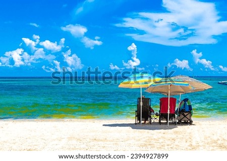 Playa del Carmen Quintana Roo Mexico 09. September 2023 Tropical mexican caribbean beach and sea with a lot of fun people sun loungers parasols turquoise water in Playa del Carmen Mexico. Royalty-Free Stock Photo #2394927899