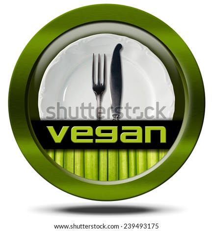 Vegan Restaurant - Green Icon. Round vegan restaurant symbol or icon with white empty plate and silver cutlery, fork and knife. Isolated on white background