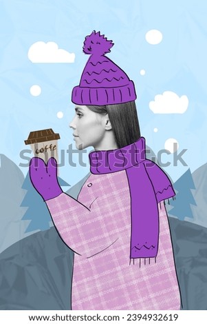 Vertical postcard poster collage of cute charming girl dressed warm clothes drinking hot coffee isolated on painted background