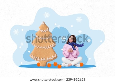 Invitation picture collage of dreamy cute girl sitting preparing new year holiday magic night isolated on drawing background