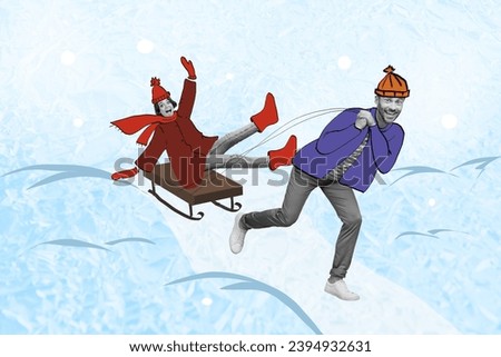 Postcard picture collage of cheerful two people having fun riding sleigh snowy street isolated on blue drawing background