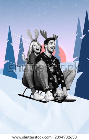 Invitation brochure collage of two positive jolly people having fun going down sled snowy hill isolated on drawing background